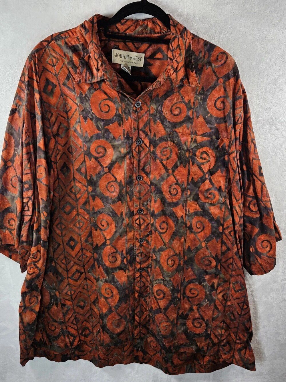 Vintage 90s Johari West Button-Down Shirt Batik Tribal Orange Men's Size 4XL